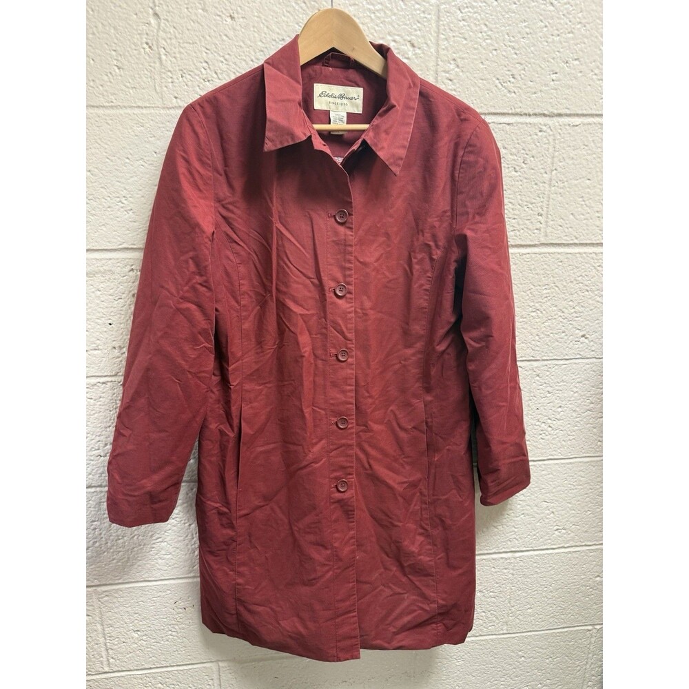 Vtg 90s Eddie Bauer Large Red Cotton Nylon Mid-Length Trench Coat